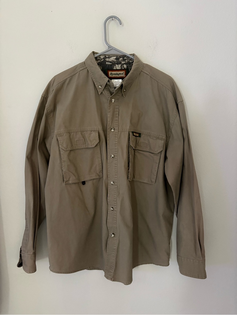 Remington Mens L Tan/Lt Brown Camo Trim Cotton Utility Field Hunting Work Shirt
